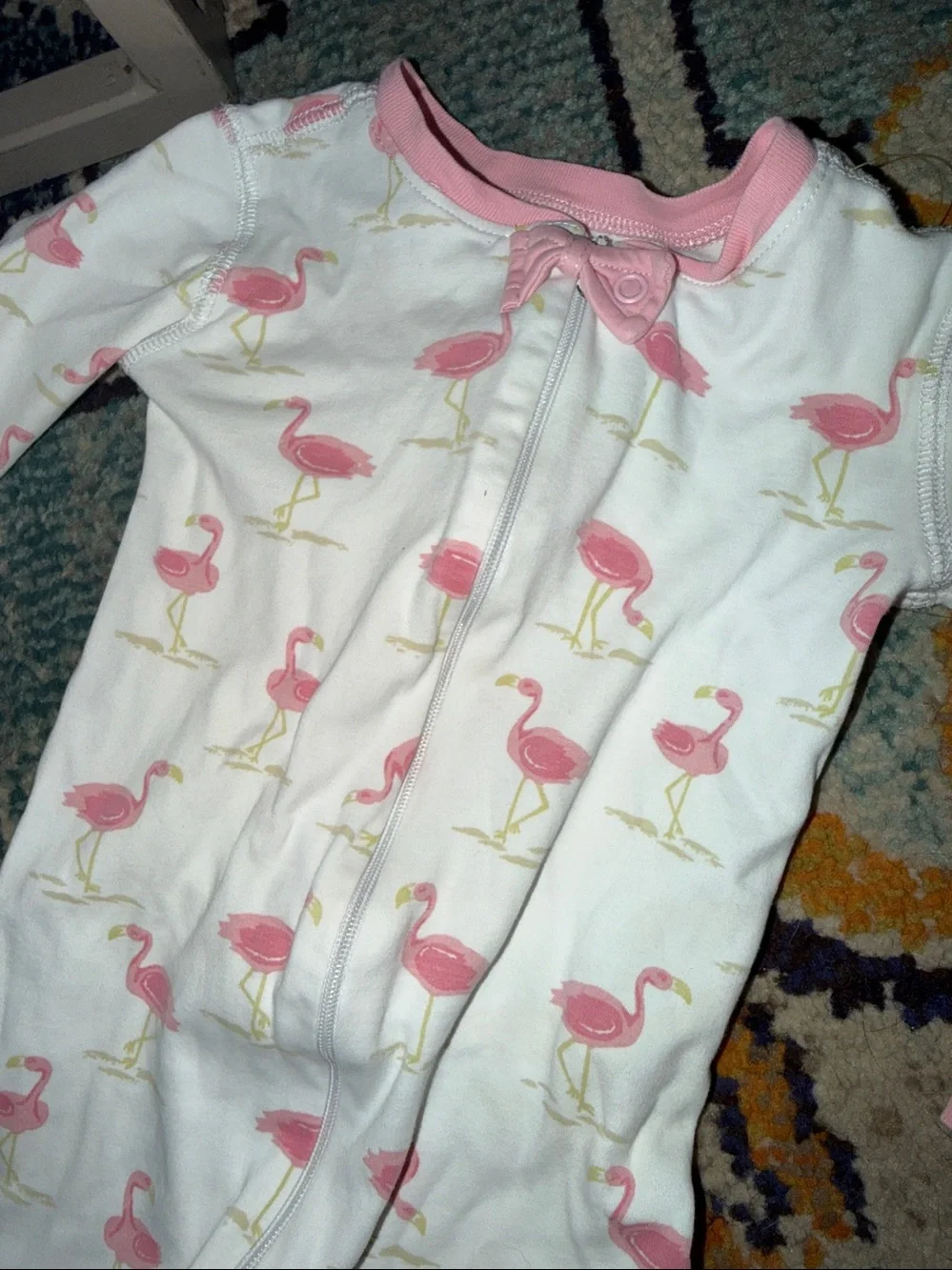 The Beaufort Bonnet Company White Baby Sleepsuit with Pink Flamingo Print